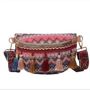 Boho festival Embroidered Fanny Pack, shoulder strap bag with Tassels in PINK